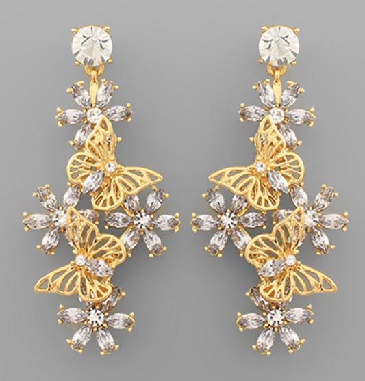 Pave Flower & Butterfly Drop Earrings - Clear
