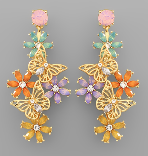 Pave Flower & Butterfly Drop Earrings - Multi