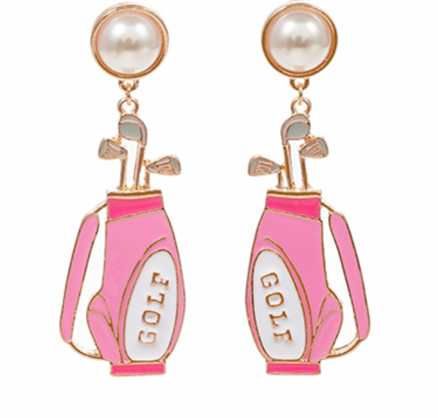 Pearl Stud Golf Bag Enamel Earrings - Pink