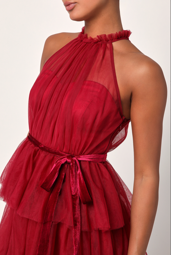 Wine Tuelle Halter Midi Dress