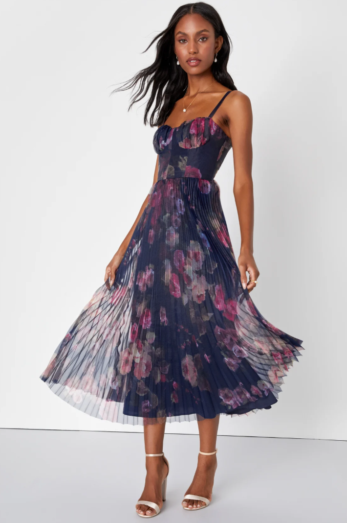 Midnight Floral Pleated Bustier Midi Dress