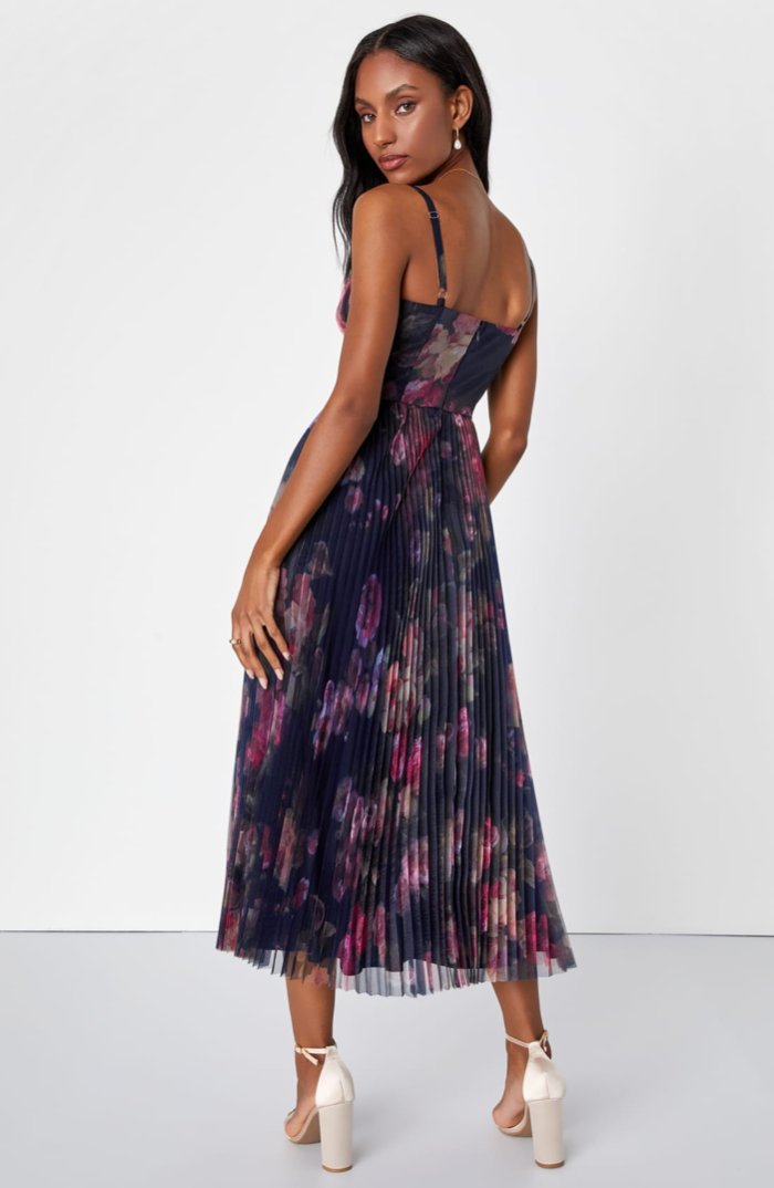 Midnight Floral Pleated Bustier Midi Dress