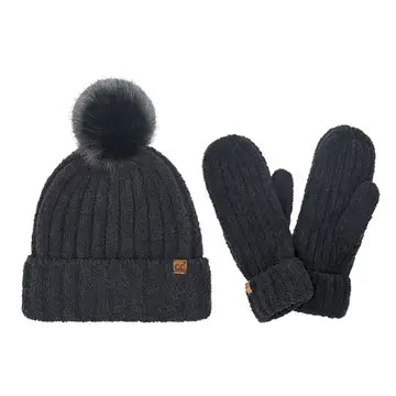 Cozy Yarn CC Hat and Mitten Set - Black