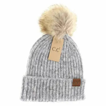 Soft Ribbed Fur Pom CC Beanie