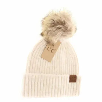 Soft Ribbed Fur Pom CC Beanie