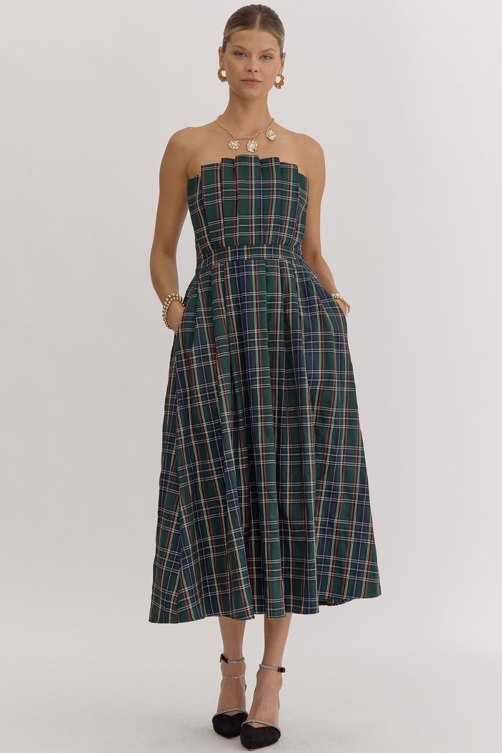 Green Plaid Pleated Midi Dress