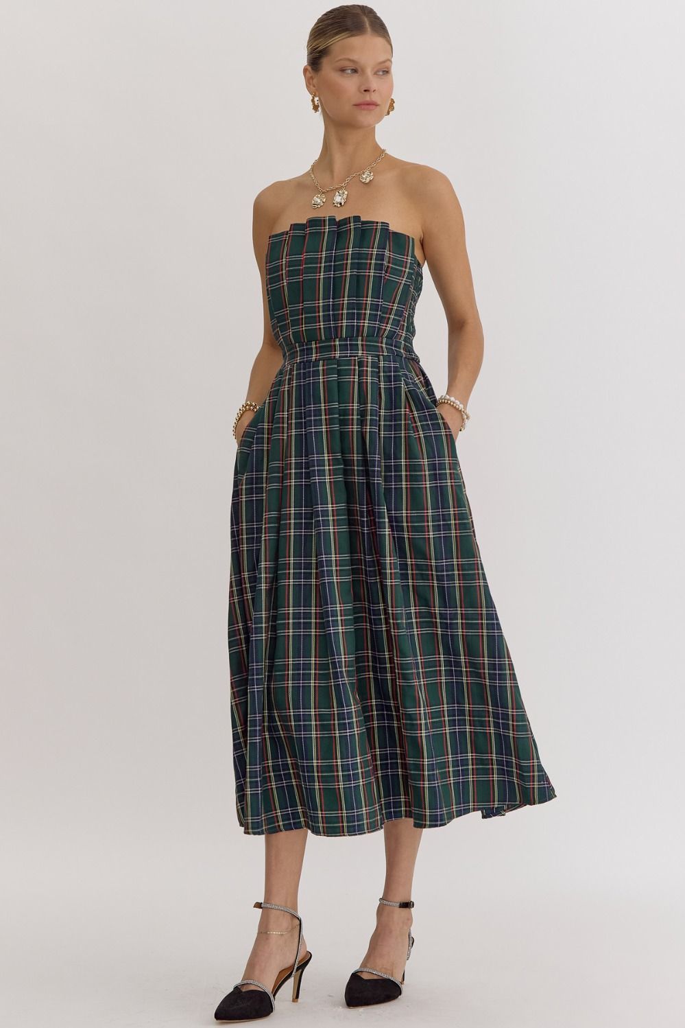 Green Plaid Pleated Midi Dress