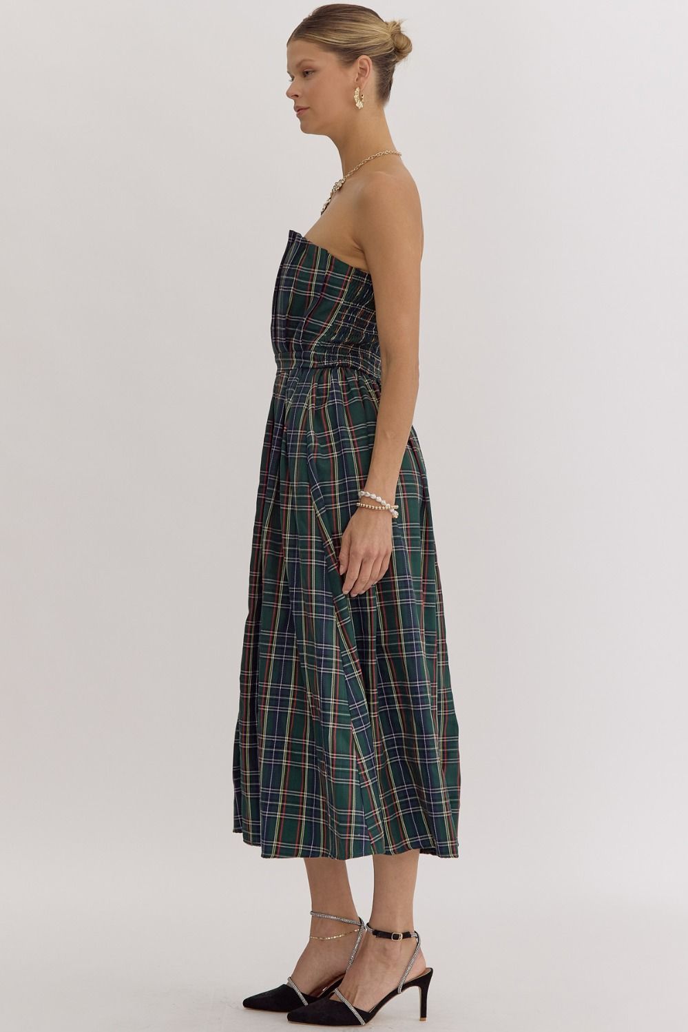 Green Plaid Pleated Midi Dress