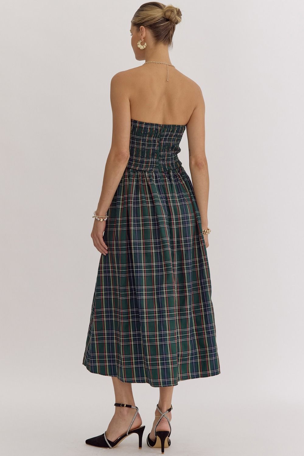 Green Plaid Pleated Midi Dress