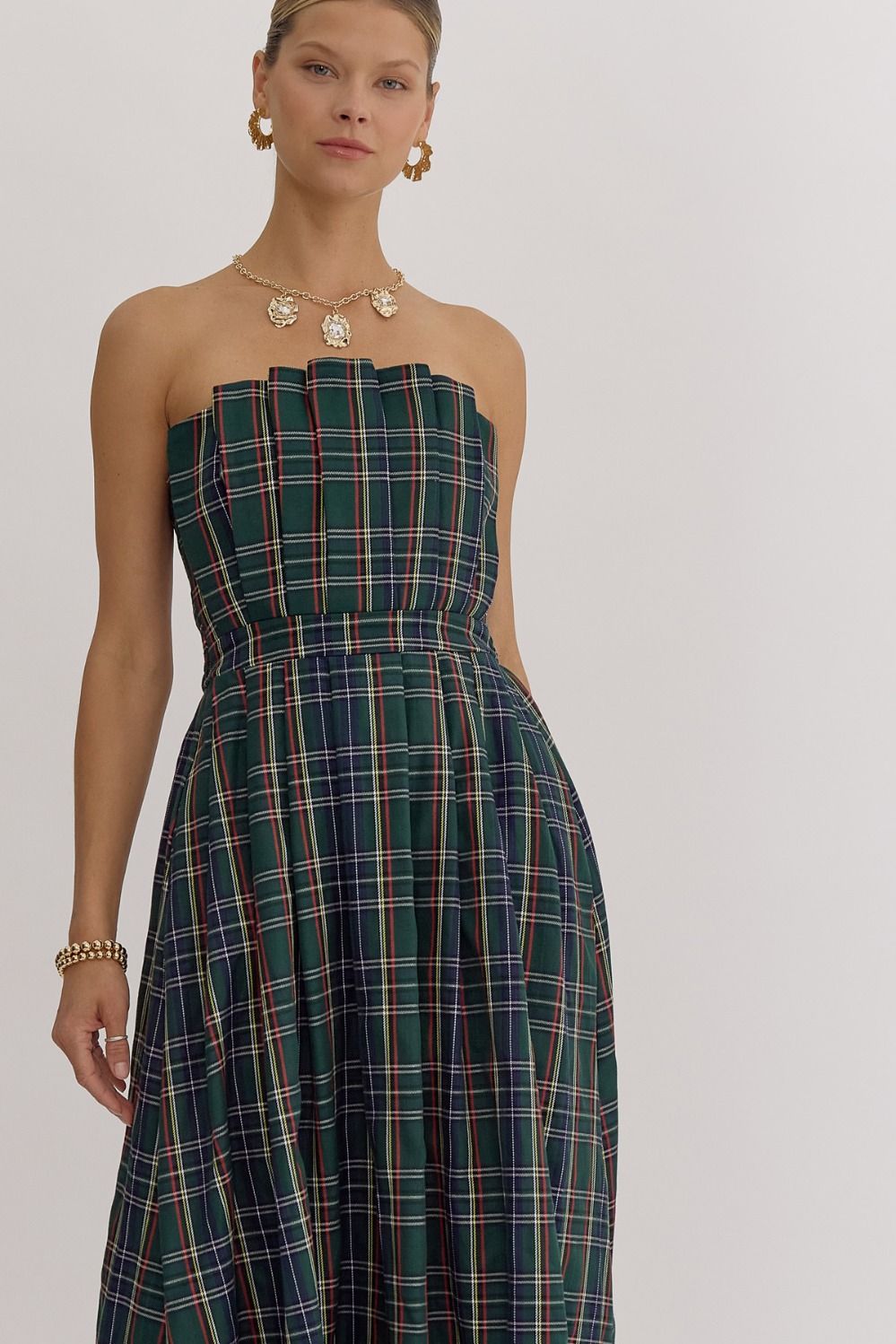 Green Plaid Pleated Midi Dress