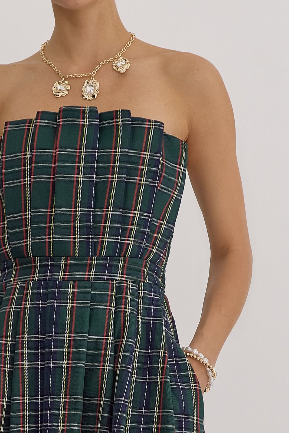 Green Plaid Pleated Midi Dress