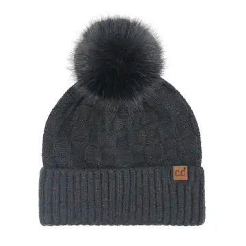 Woven Checkered Texture Pom CC Beanie