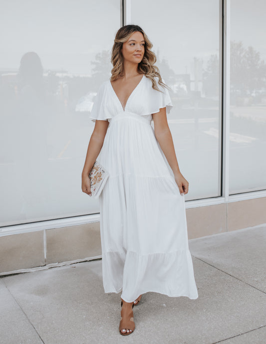 Flutter Sleeve White Maxi Dress